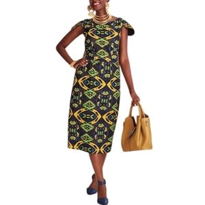 NWT Ashro Vibrant Yellow & Green Patterned 100% Cotton Midi Dress w/ Cap Sleeve